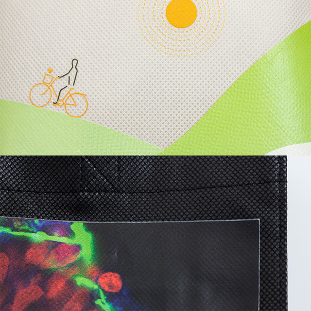 不織布オリジナルバッグの熱転写印刷部分を拡大した様子